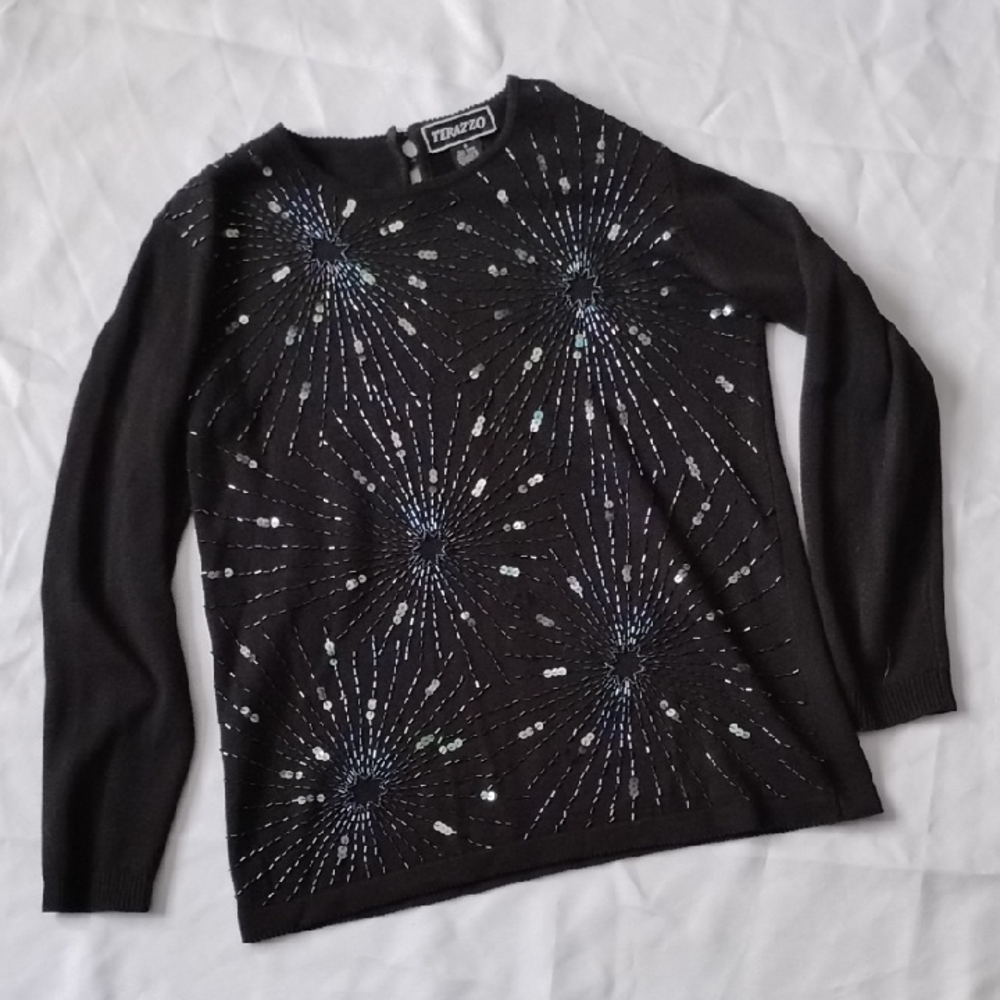 Vintage Terazzo Size Small Beaded Sweater Sequins 90s 80s